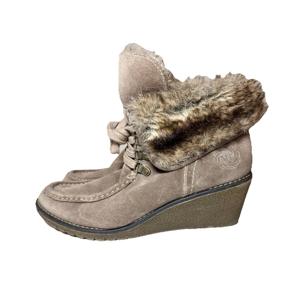 MARCO TOZZI Women's Leather Suede Tan Griege Wedge‎ Ankle Fur Boots US 11 EU 41